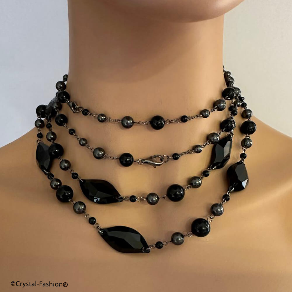 Colier Lung de Perle si Cristale Leaf Negre