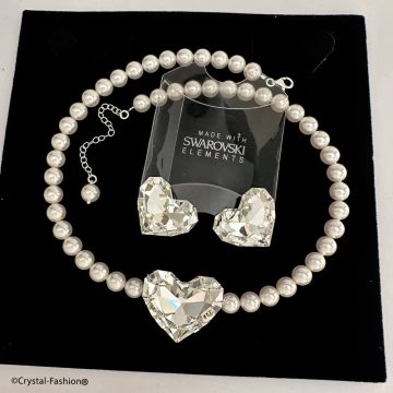 Set Bijuterii Cercei si Colier Perle cu inima Cristal